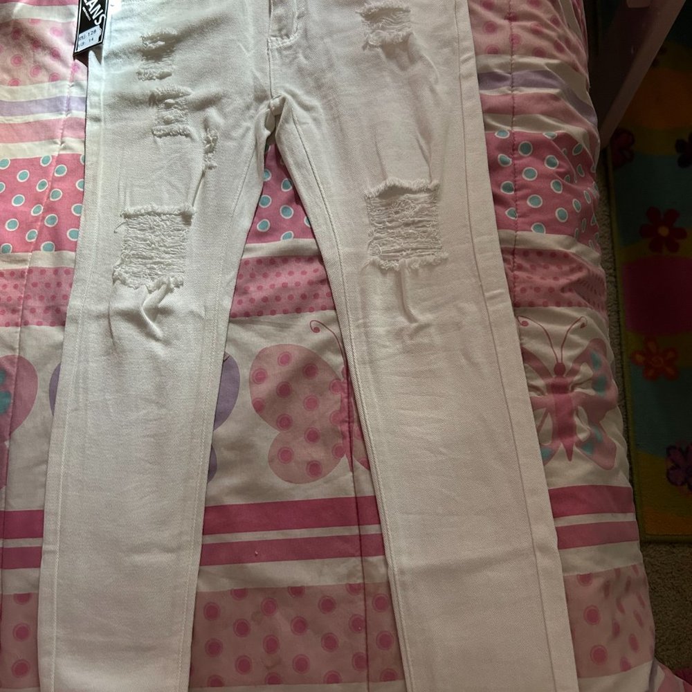Boys Skinny Fit White Jeans Washed Ripped Denim Pants Kids Clothes
